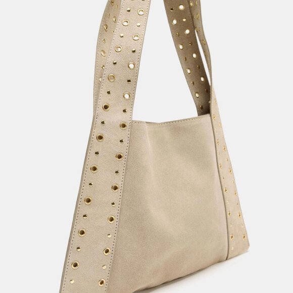 Zara Split Suede Studded Shoulder Bag NWOT Tan/brown - Picture 3 of 7